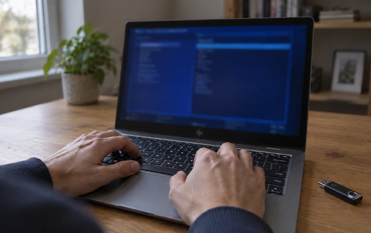 Hands on a laptop keyboard with the firmware settings menu open and a USB flash drive beside it