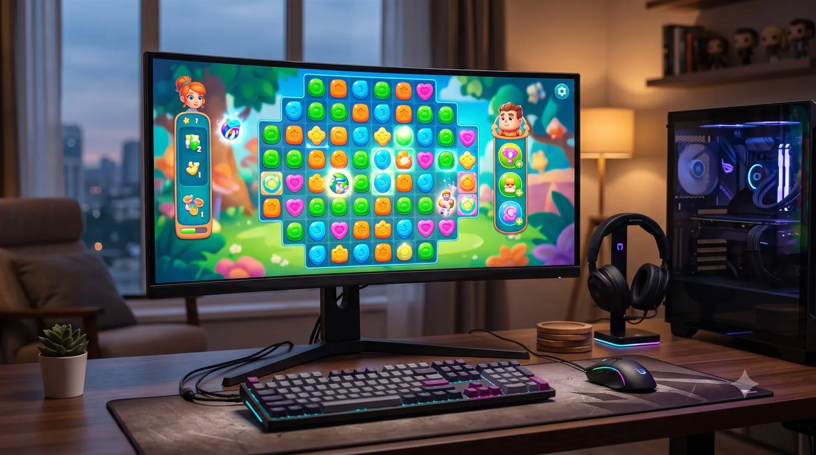 A desktop PC setup running an Android mobile game on a large monitor with keyboard and mouse