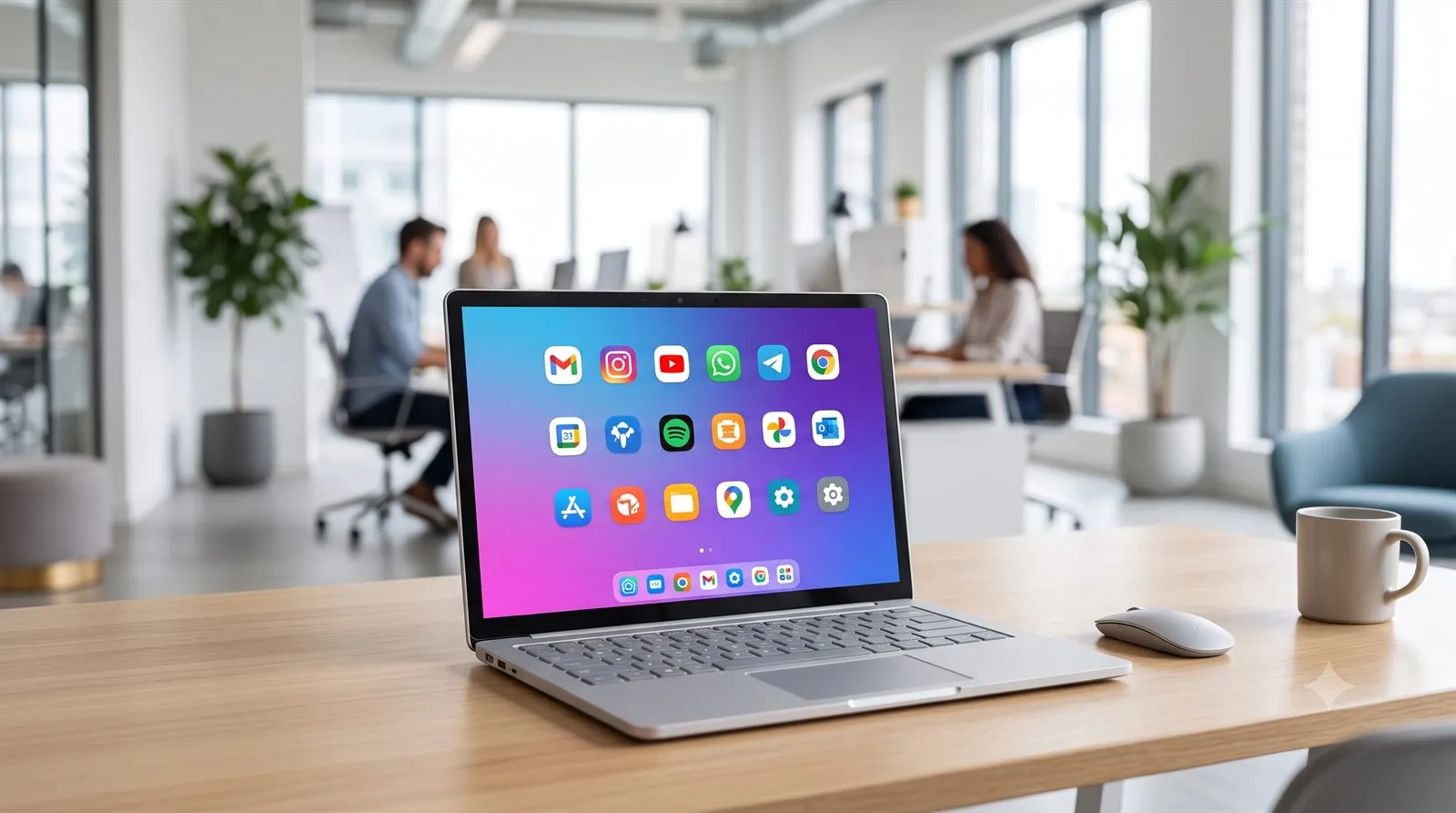 A Windows laptop running an Android desktop interface with app icons on screen