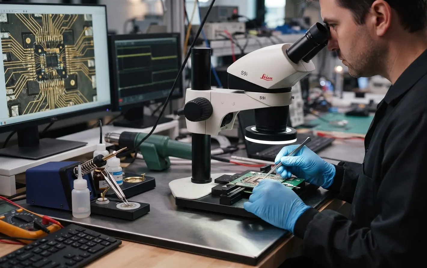 A data recovery engineer examining a memory chip from an SD card under a microscope
