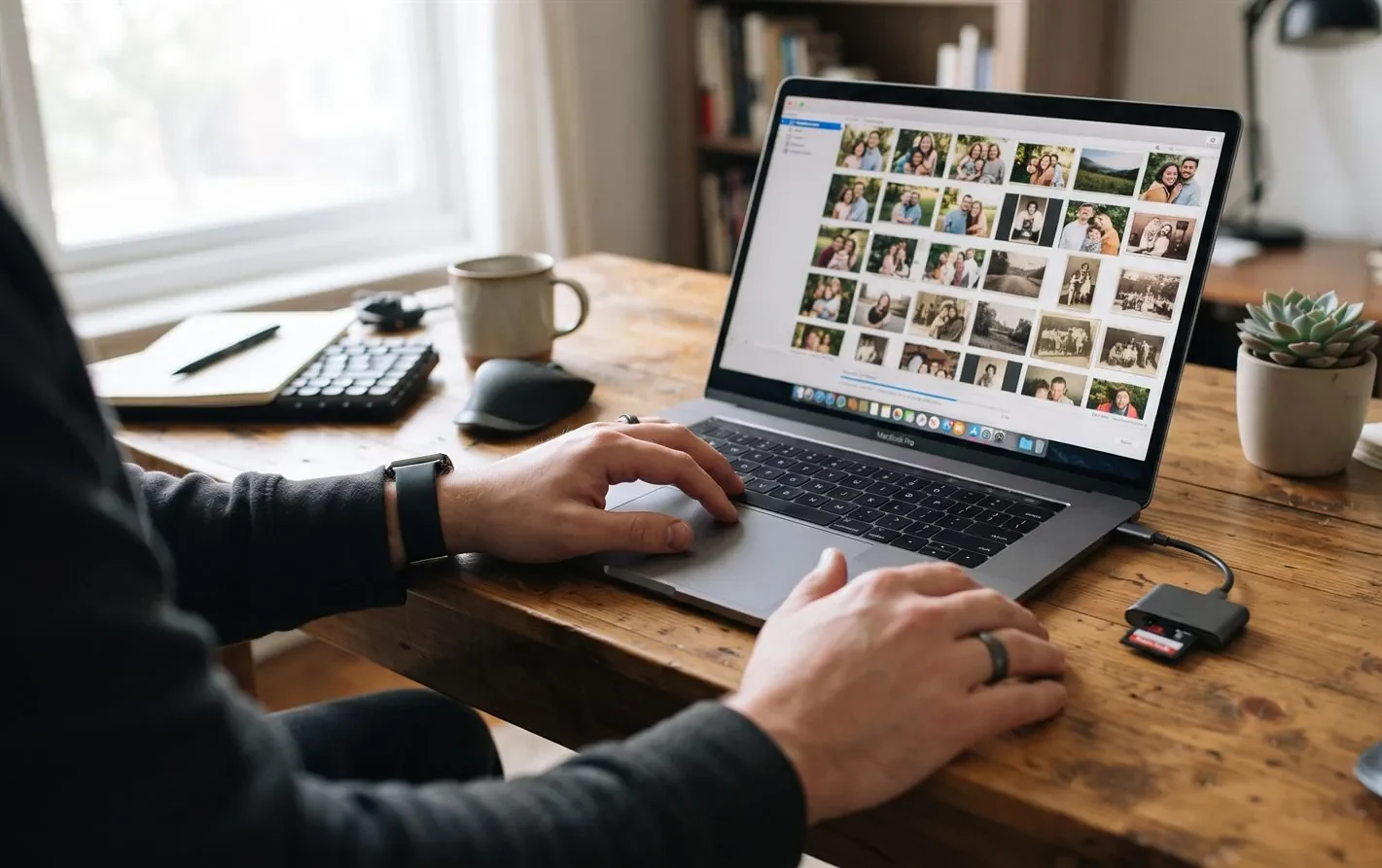 A person recovering SD card photos on a laptop using a card reader