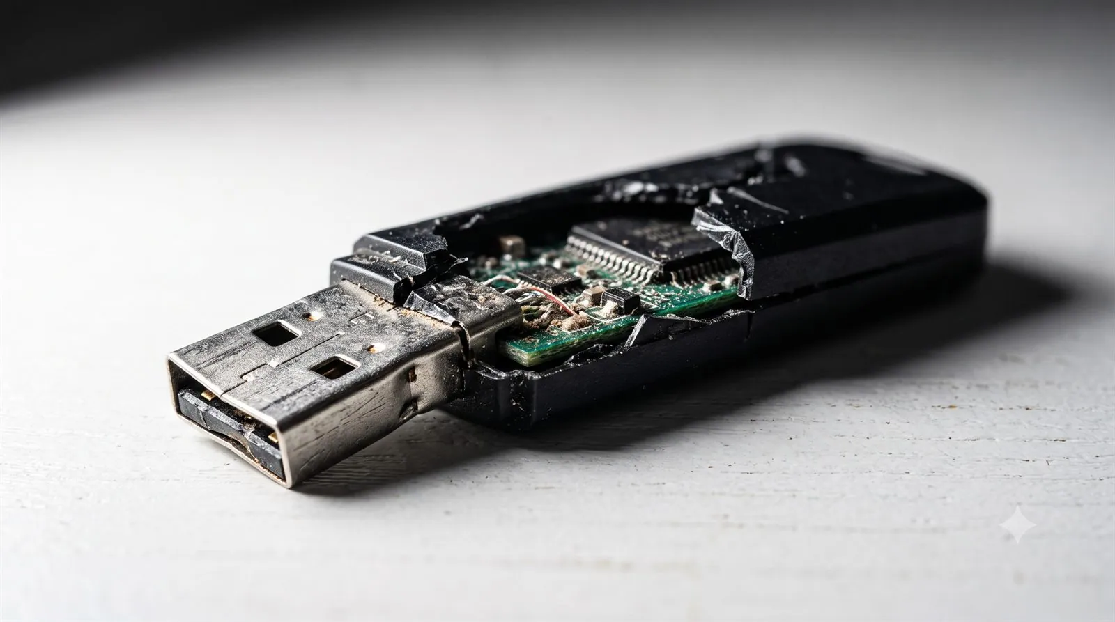 A close-up of a damaged USB flash drive with a bent connector