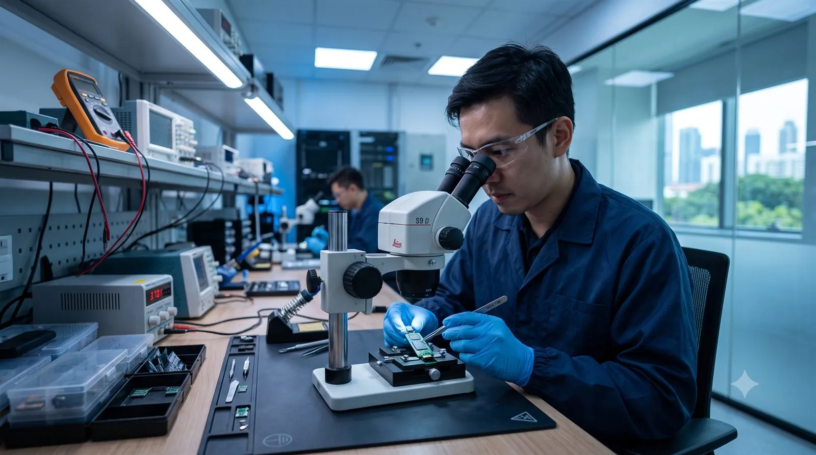 A technician examining a USB flash drive circuit board under a microscope