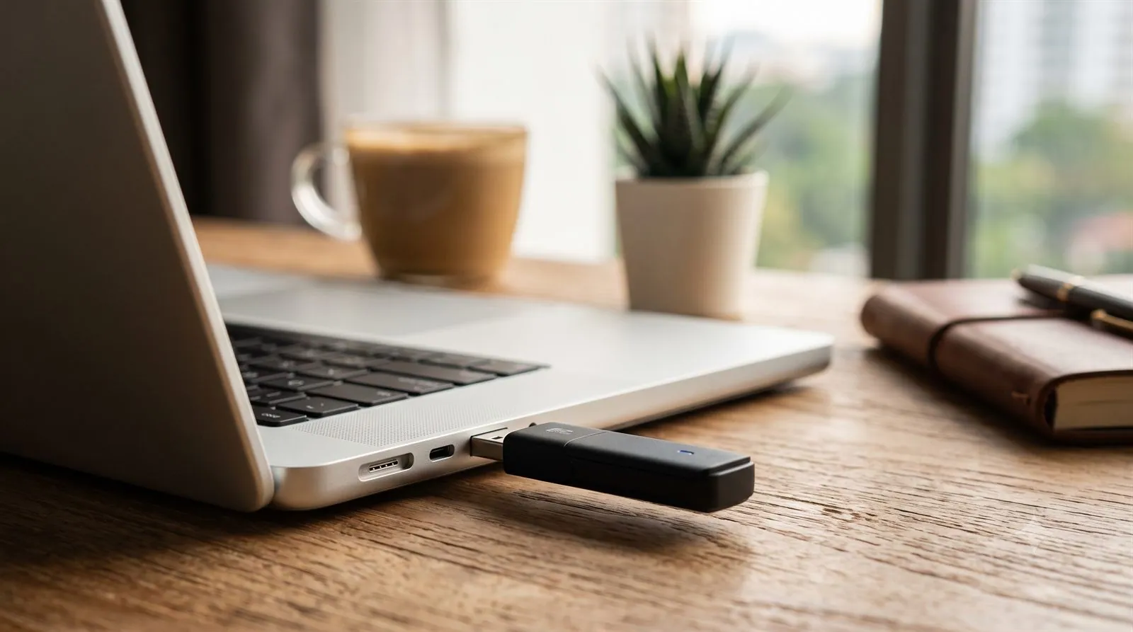 A USB flash drive plugged into the side of a laptop on a desk