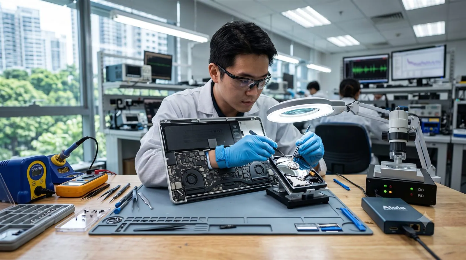 A data recovery engineer working on a laptop drive in a professional lab