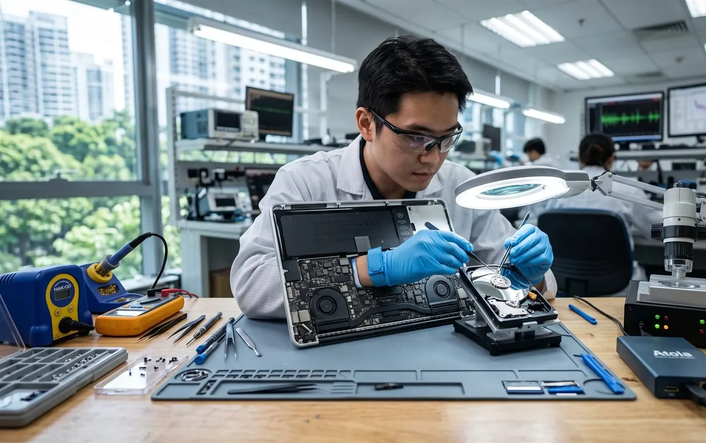 A data recovery engineer working on a laptop drive in a professional lab