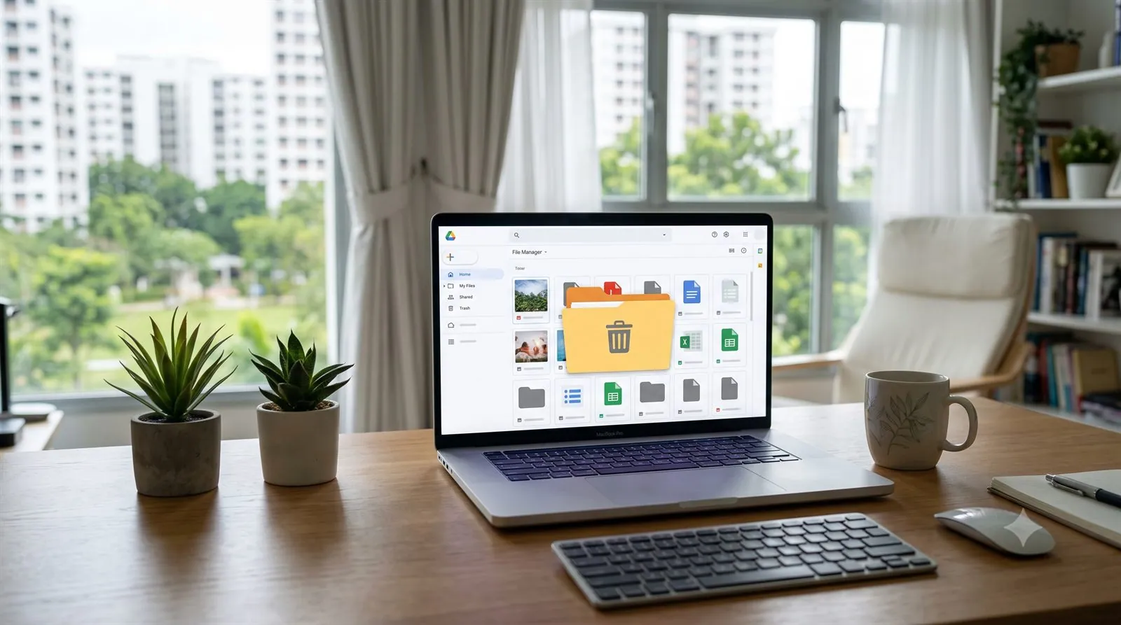 A laptop showing cloud storage files with a recycle/trash folder open