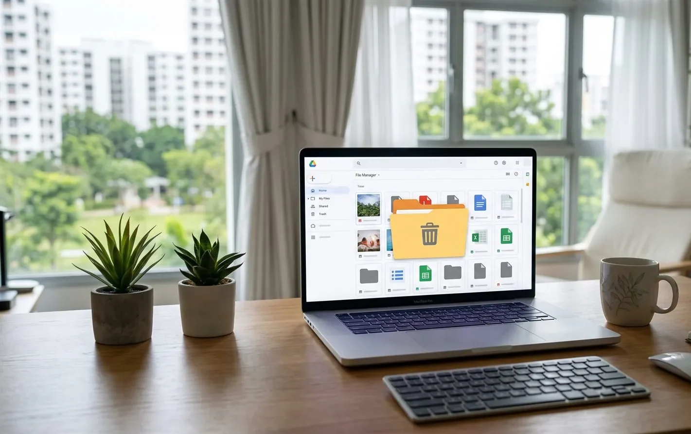 A laptop showing cloud storage files with a recycle/trash folder open
