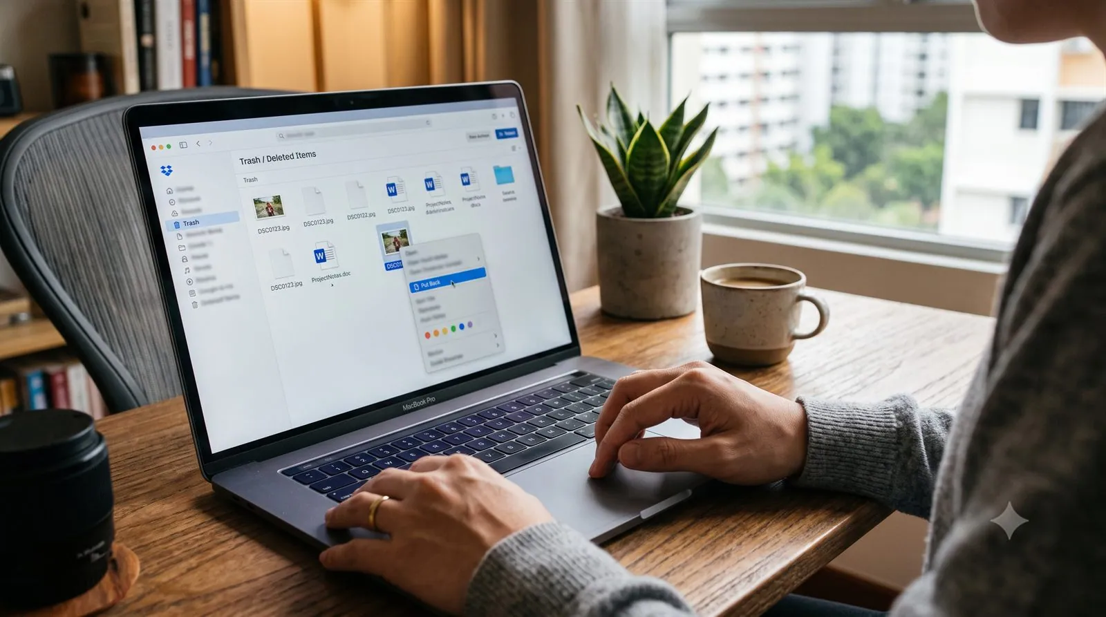 A person restoring a deleted file from a cloud storage trash folder on a laptop