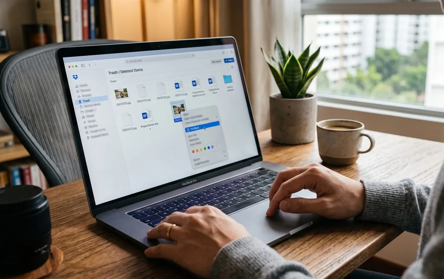 A person restoring a deleted file from a cloud storage trash folder on a laptop
