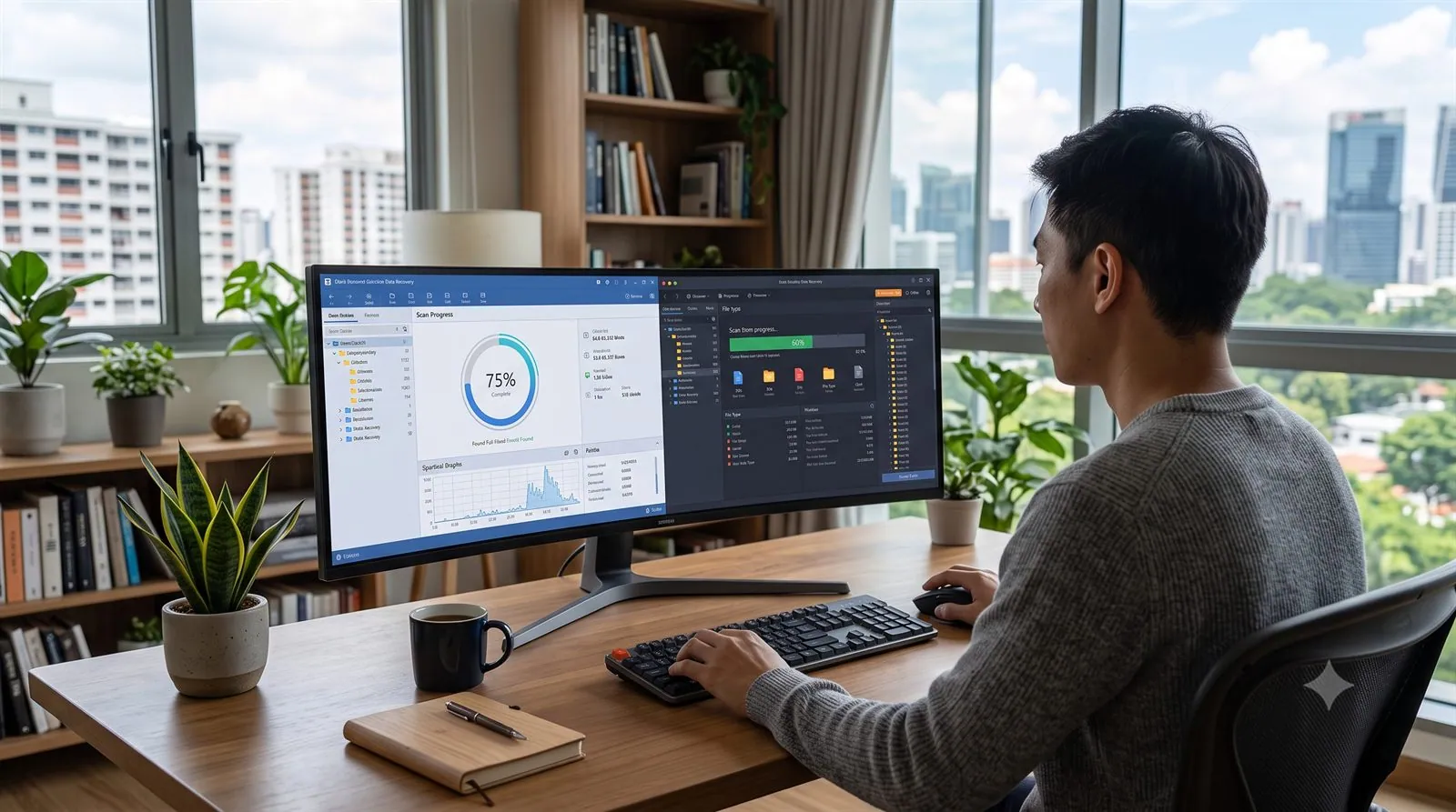 A person comparing two recovery apps on a computer screen at a desk