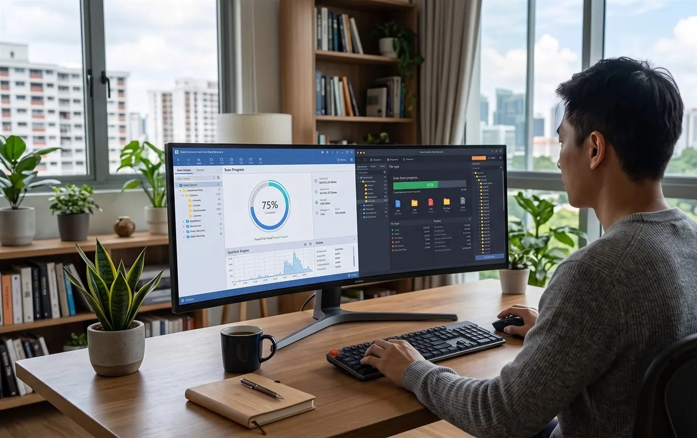 A person comparing two recovery apps on a computer screen at a desk