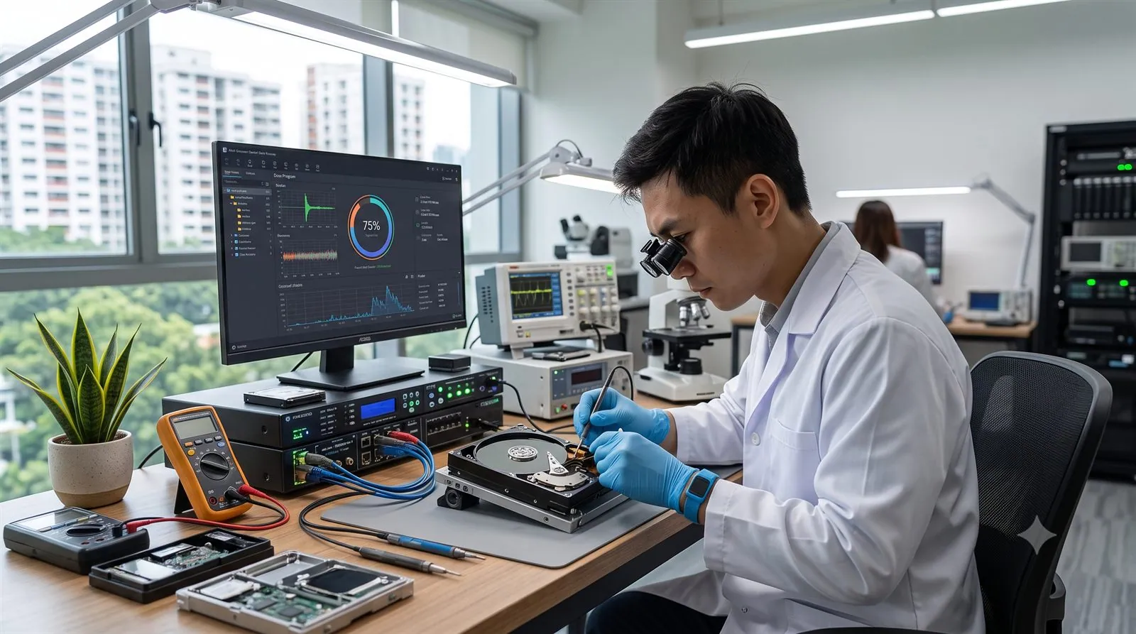 A data recovery engineer imaging a hard drive on specialist equipment in a lab