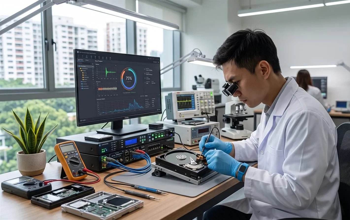 A data recovery engineer imaging a hard drive on specialist equipment in a lab