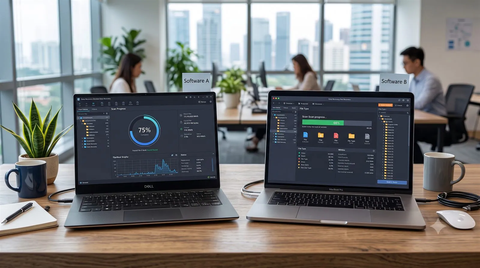 Two laptops side by side each running data recovery software