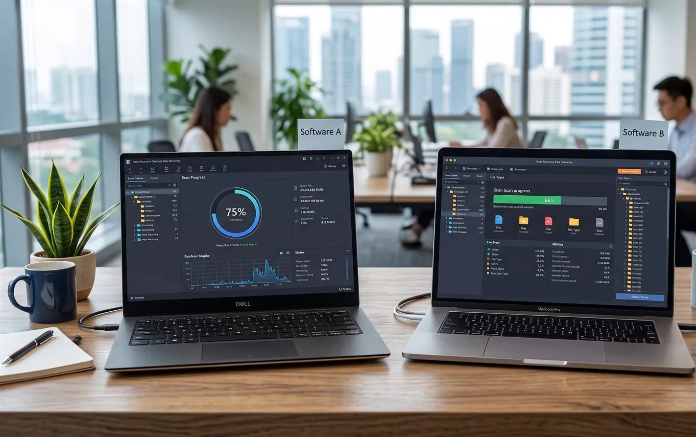 Two laptops side by side each running data recovery software