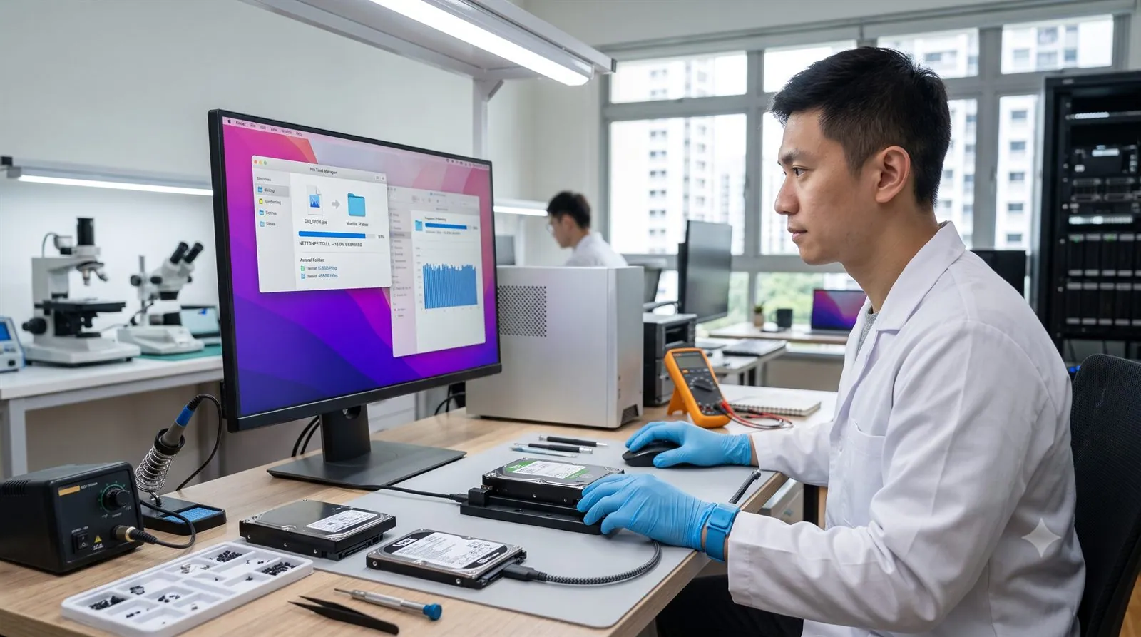 A data recovery engineer copying recovered files to fresh storage in a lab
