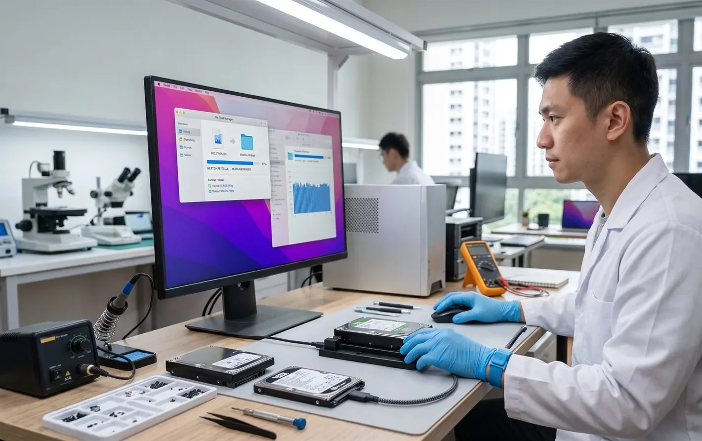 A data recovery engineer copying recovered files to fresh storage in a lab