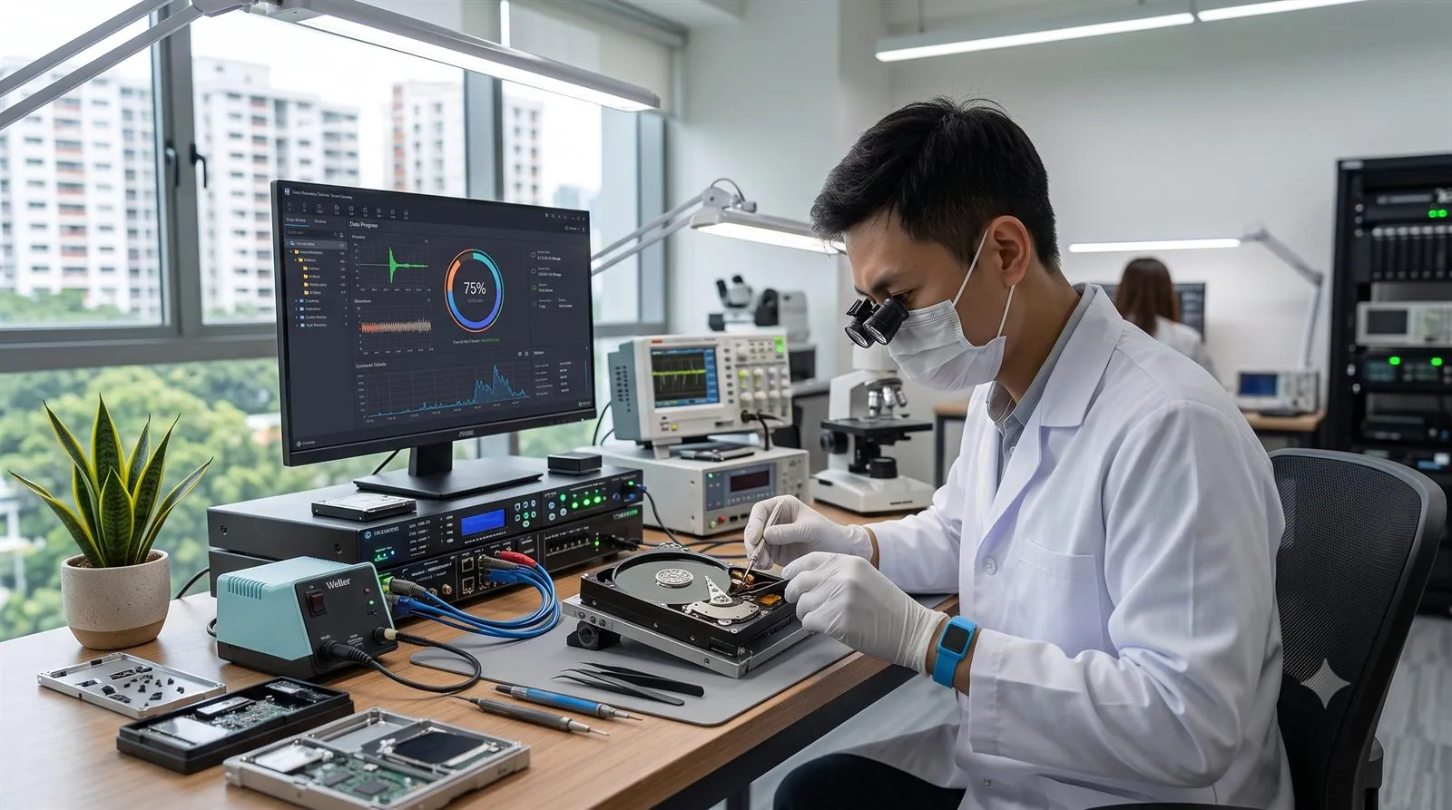 A data recovery engineer working on a failed hard drive in a lab