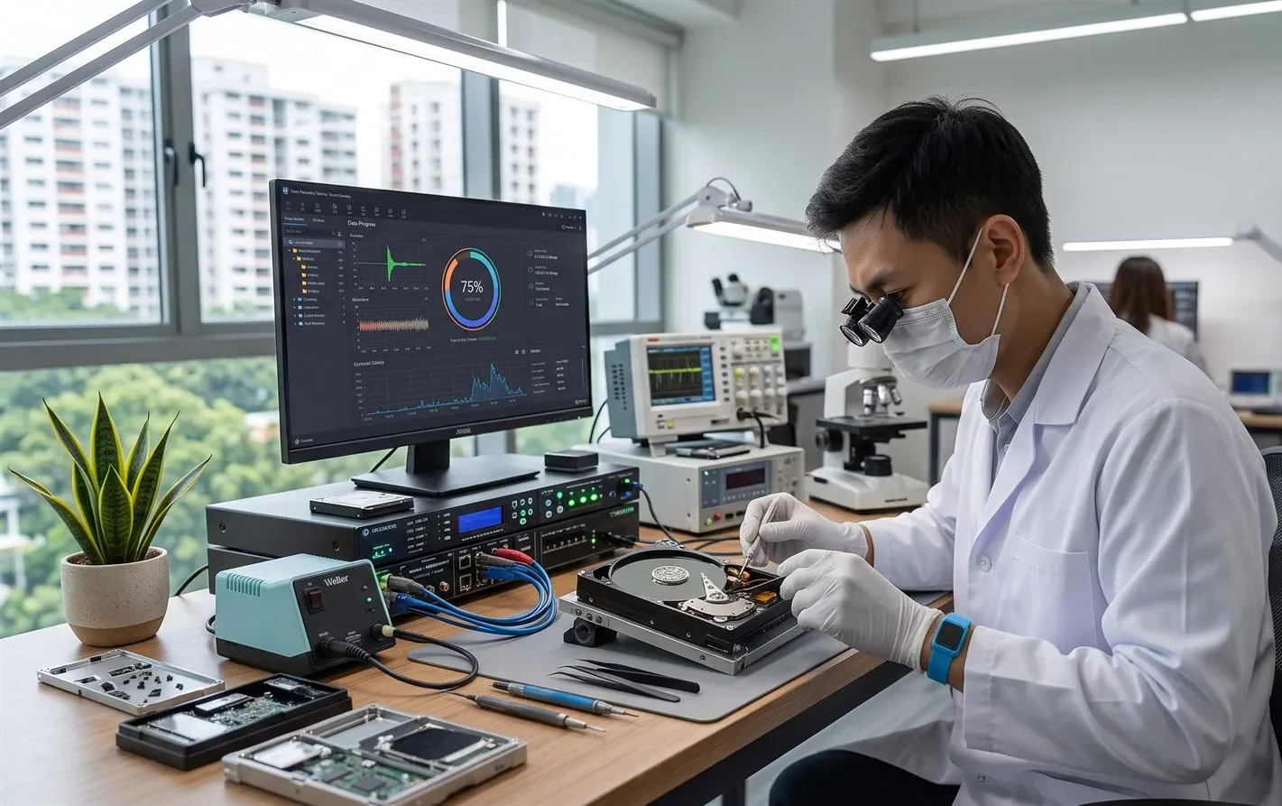 A data recovery engineer working on a failed hard drive in a lab