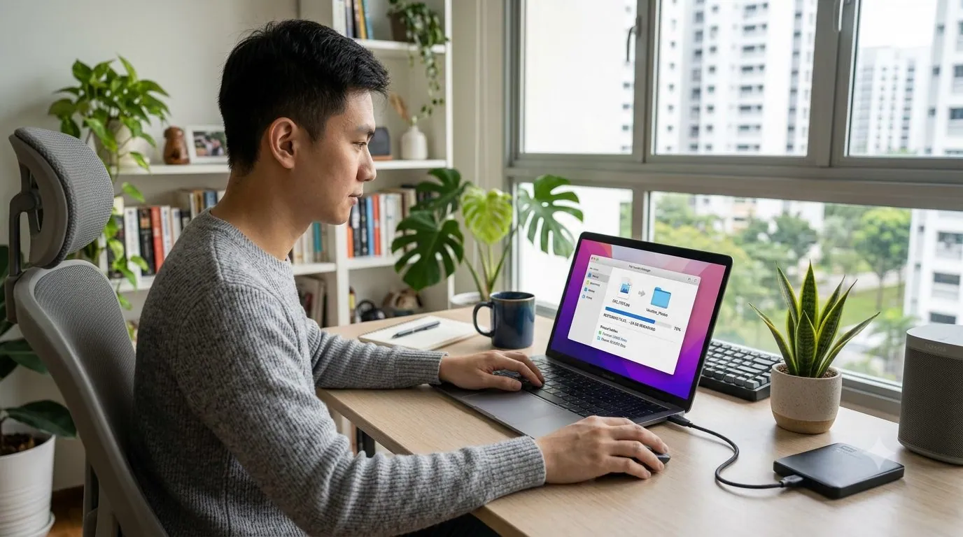 A person restoring files from a backup drive to a laptop