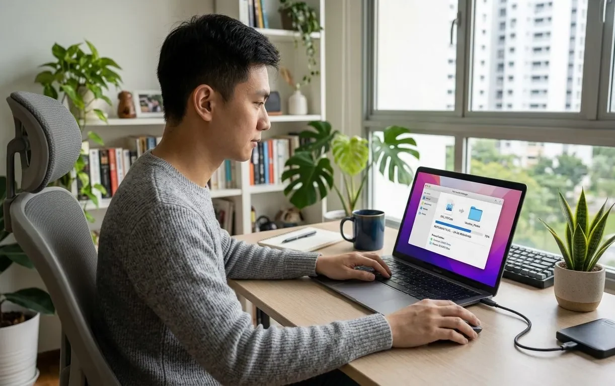A person restoring files from a backup drive to a laptop