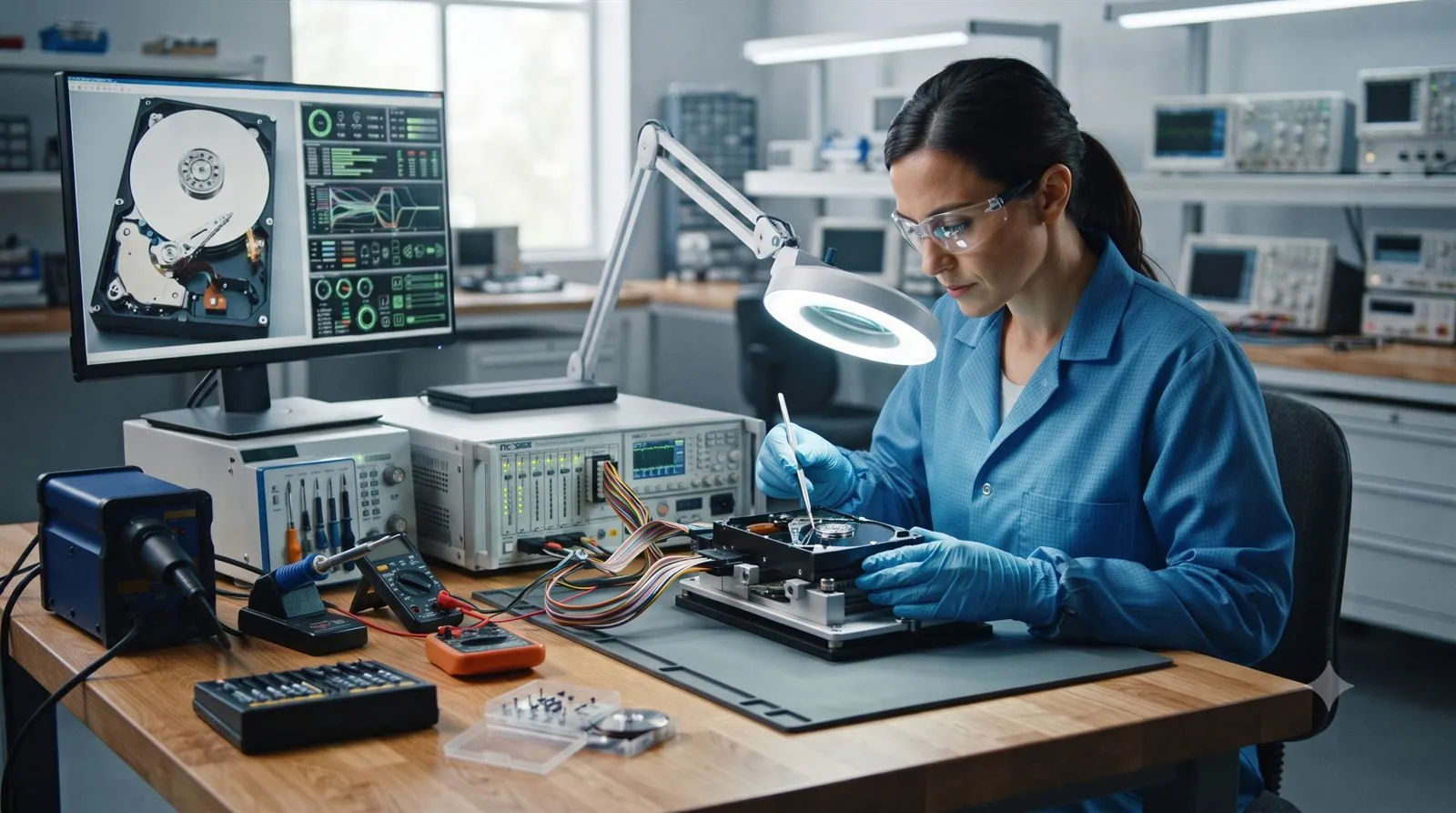 A data recovery engineer working on a failed drive in a lab