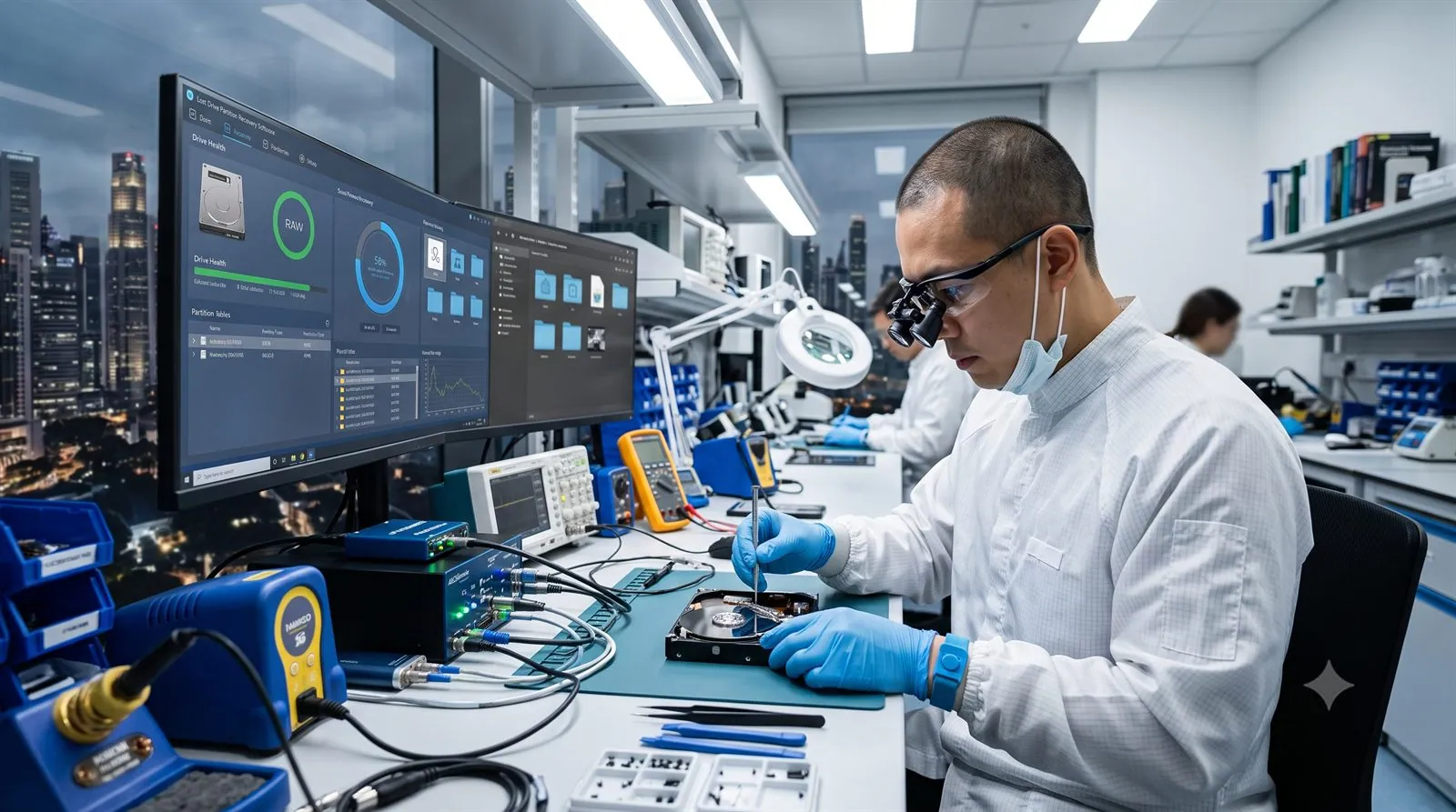 A data recovery engineer recovering a lost partition in a lab