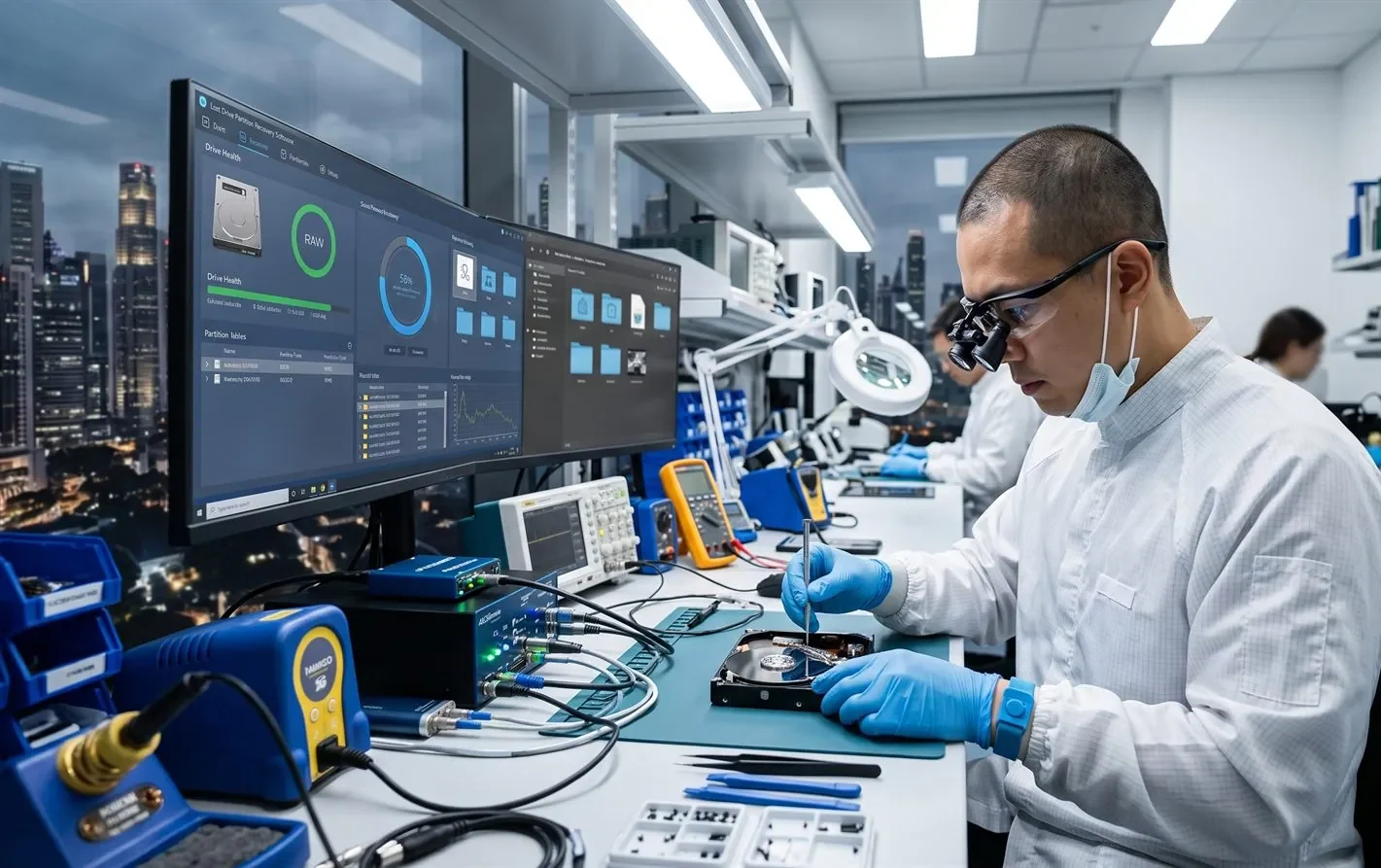 A data recovery engineer recovering a lost partition in a lab