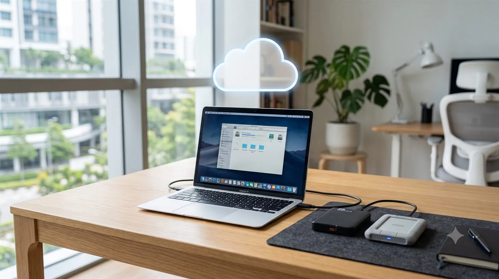 External hard drives and a cloud backup concept on a desk