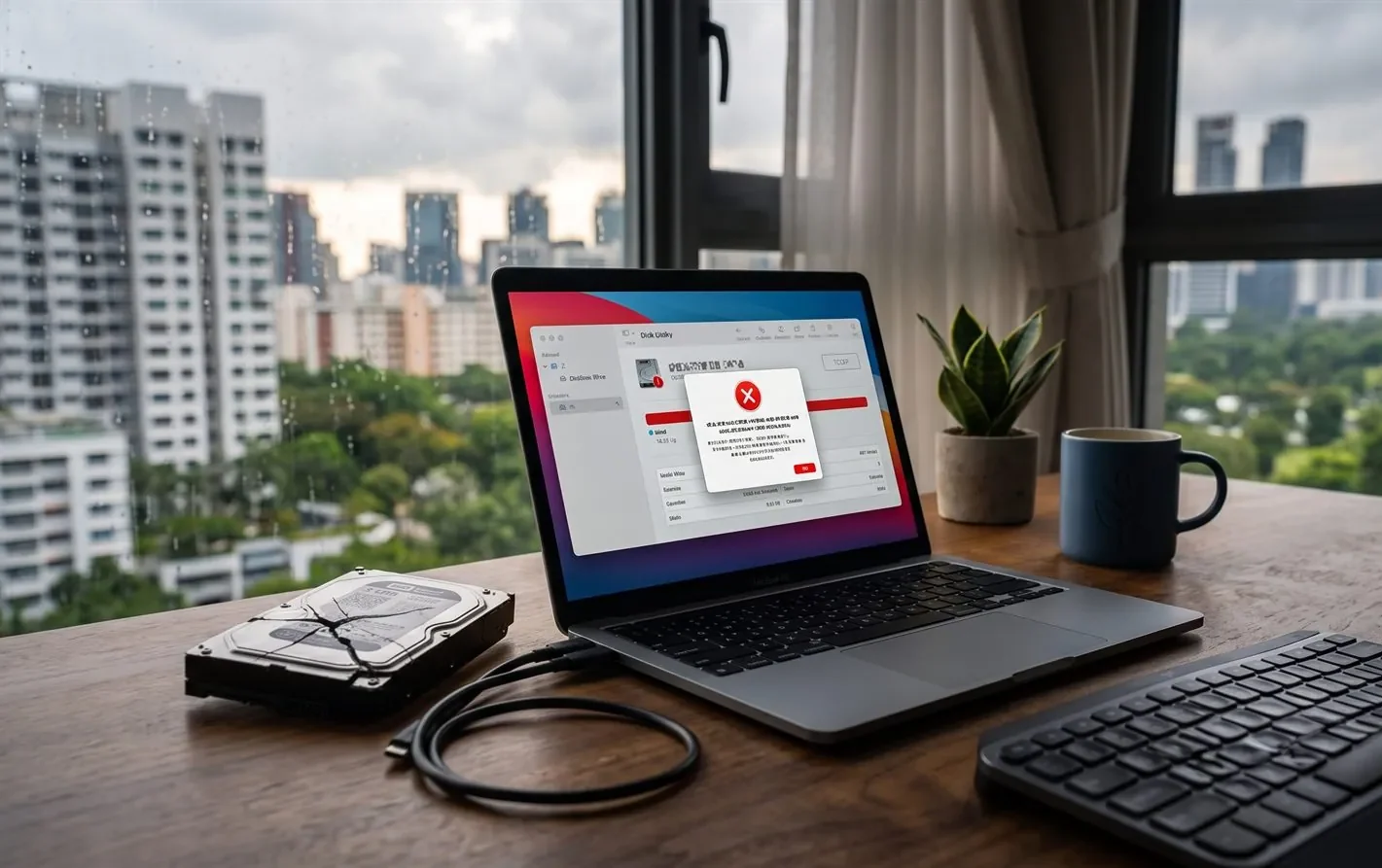A cracked hard drive and a laptop on a desk representing data loss