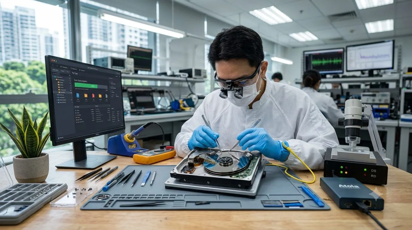 A data recovery engineer working on a failed drive in a professional lab