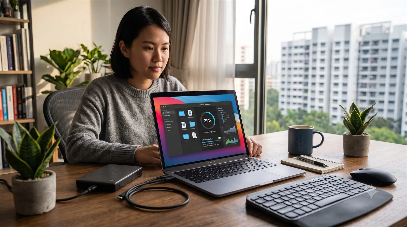 A person setting up an automatic backup on a laptop with an external drive