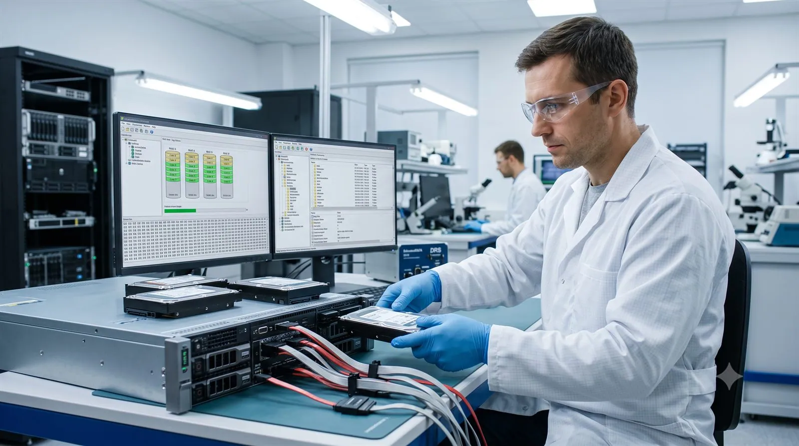 A data recovery engineer working on recovering data from an attacked server in a lab