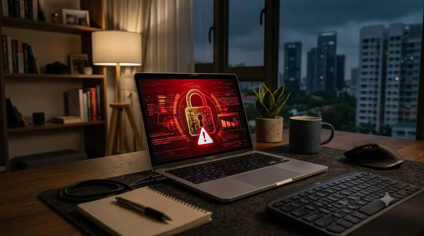 A laptop showing a ransomware lock screen with a warning symbol
