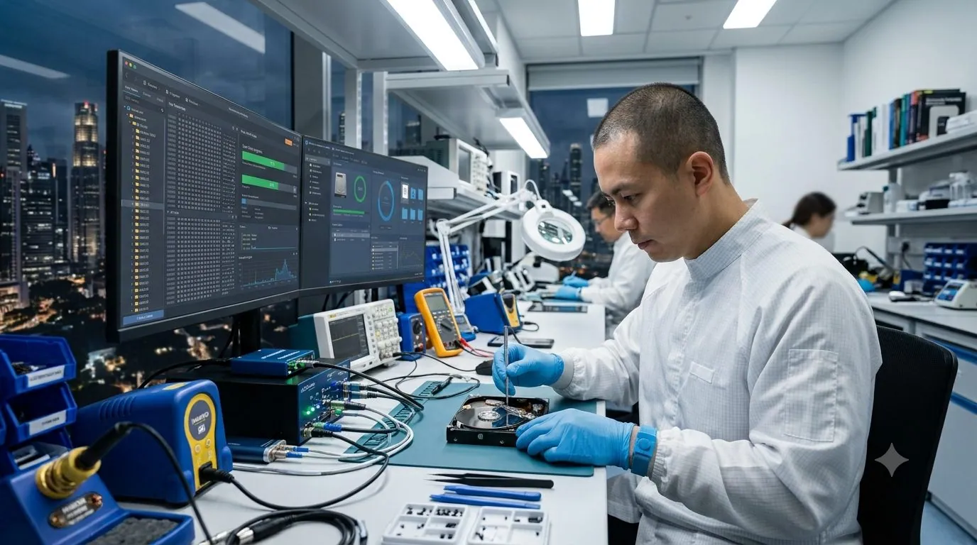 A data recovery engineer working on a Dell server drive in a professional lab