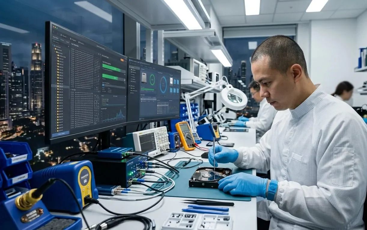 A data recovery engineer working on a Dell server drive in a professional lab