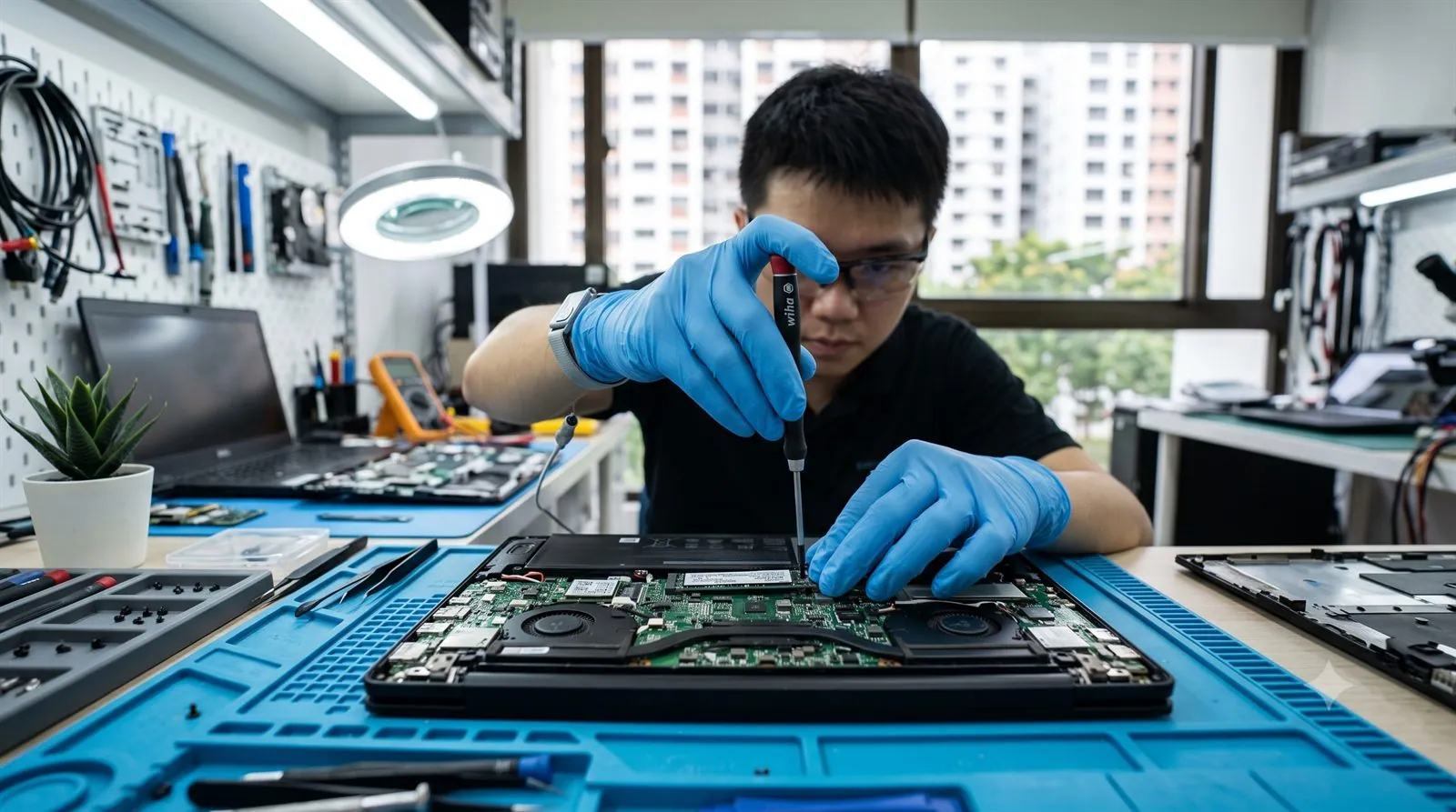 A Dell laptop opened on a workbench with the storage drive being removed