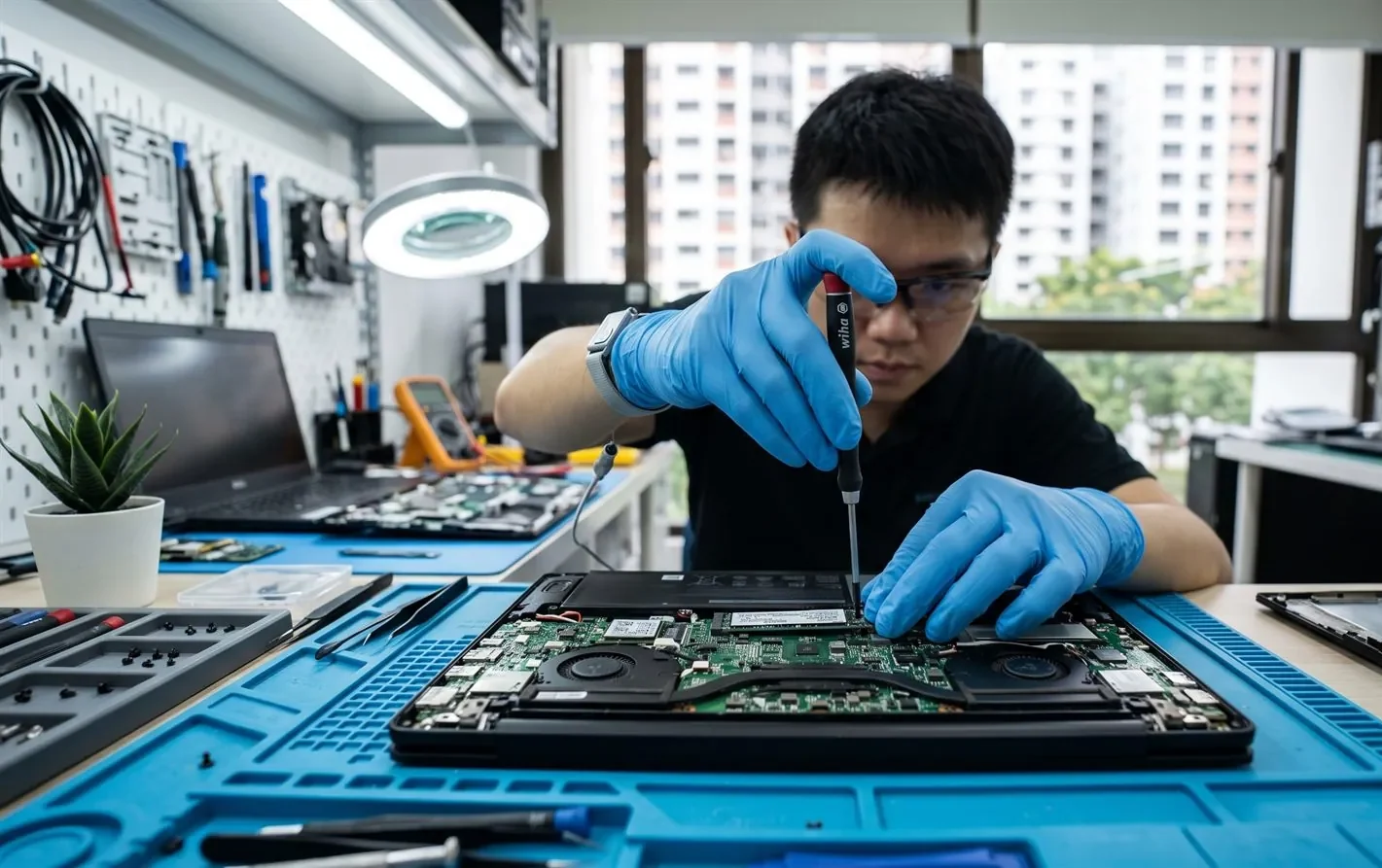 A Dell laptop opened on a workbench with the storage drive being removed