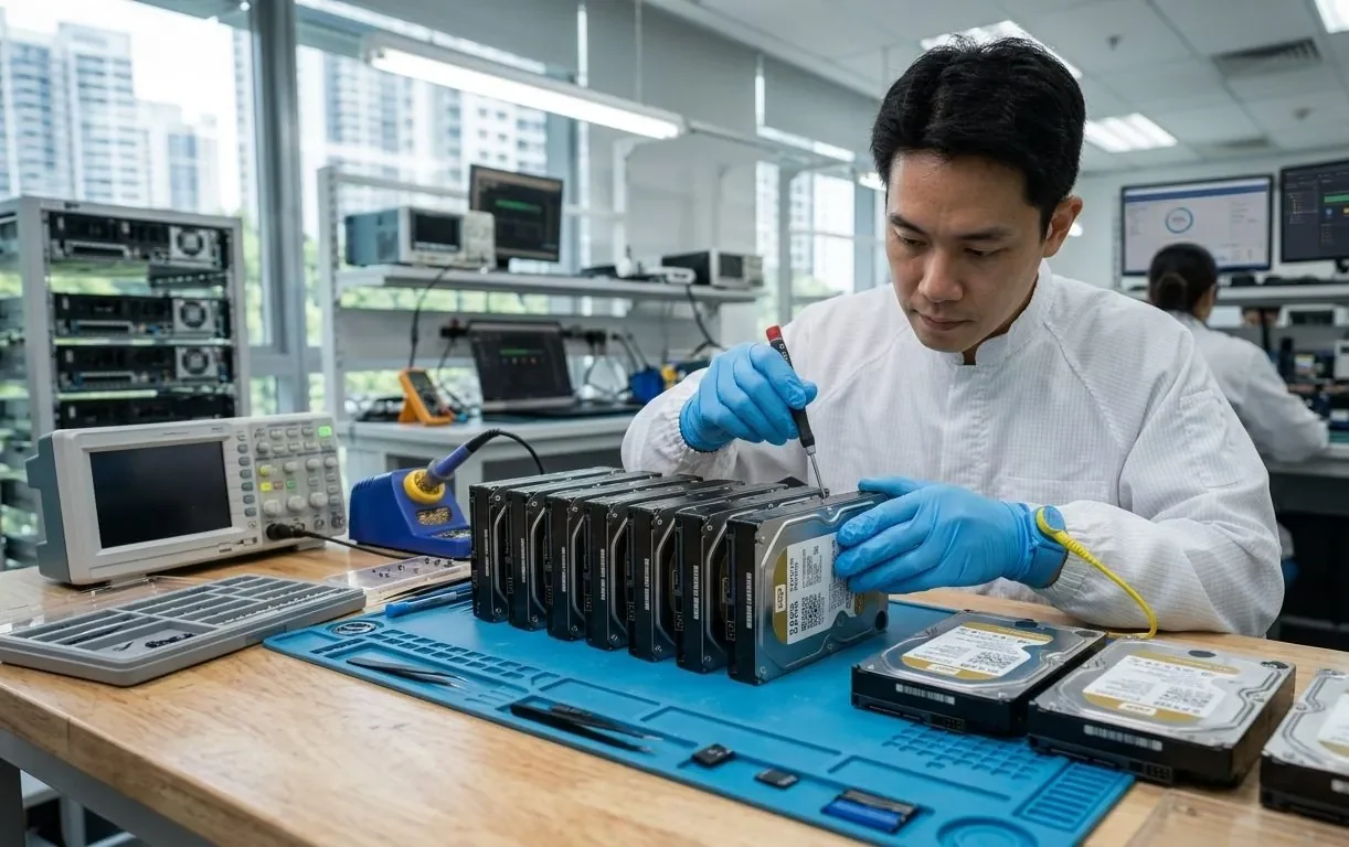 Dell PowerEdge server drives being handled for RAID data recovery in a lab
