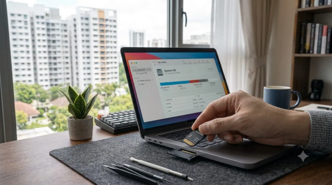 A microSD card in an adapter being connected to a laptop