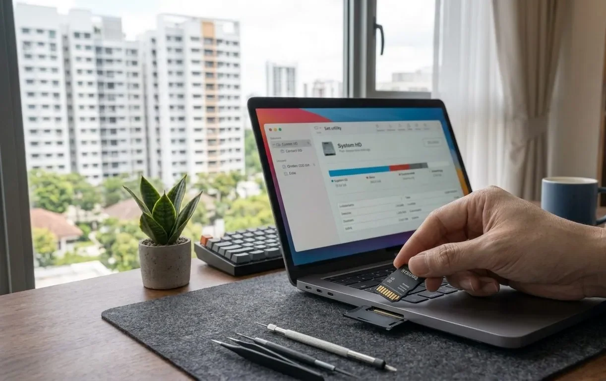 A microSD card in an adapter being connected to a laptop