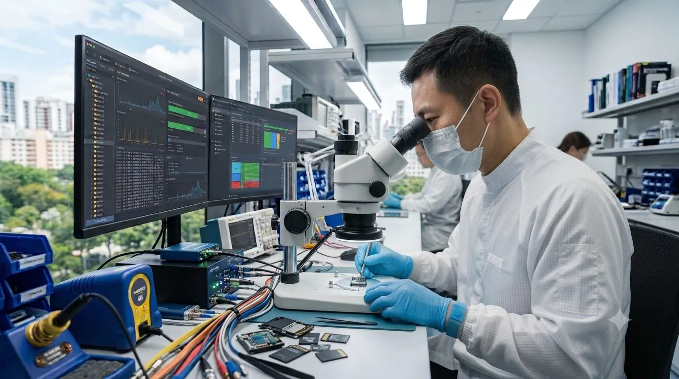 A data recovery engineer working on a microSD card's chip under a microscope