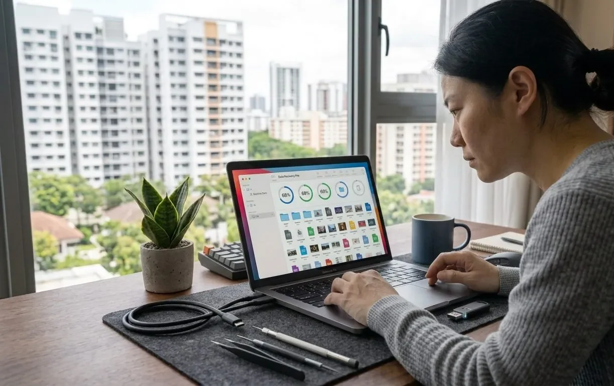 A person running recovery software on a laptop to scan a microSD card
