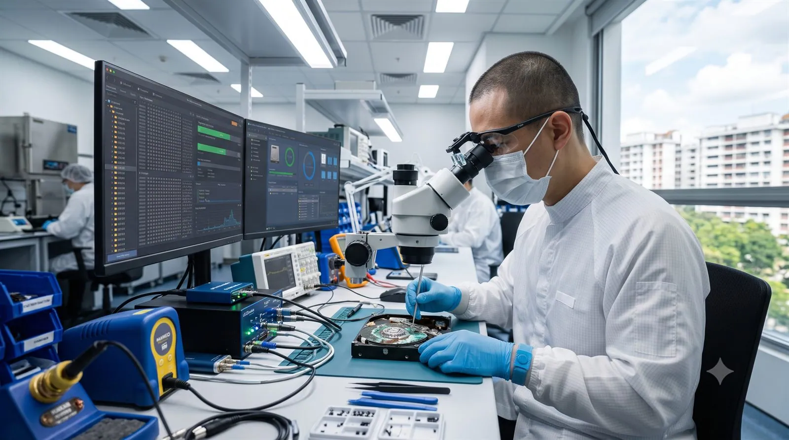 A data recovery engineer examining a water-damaged drive in a lab