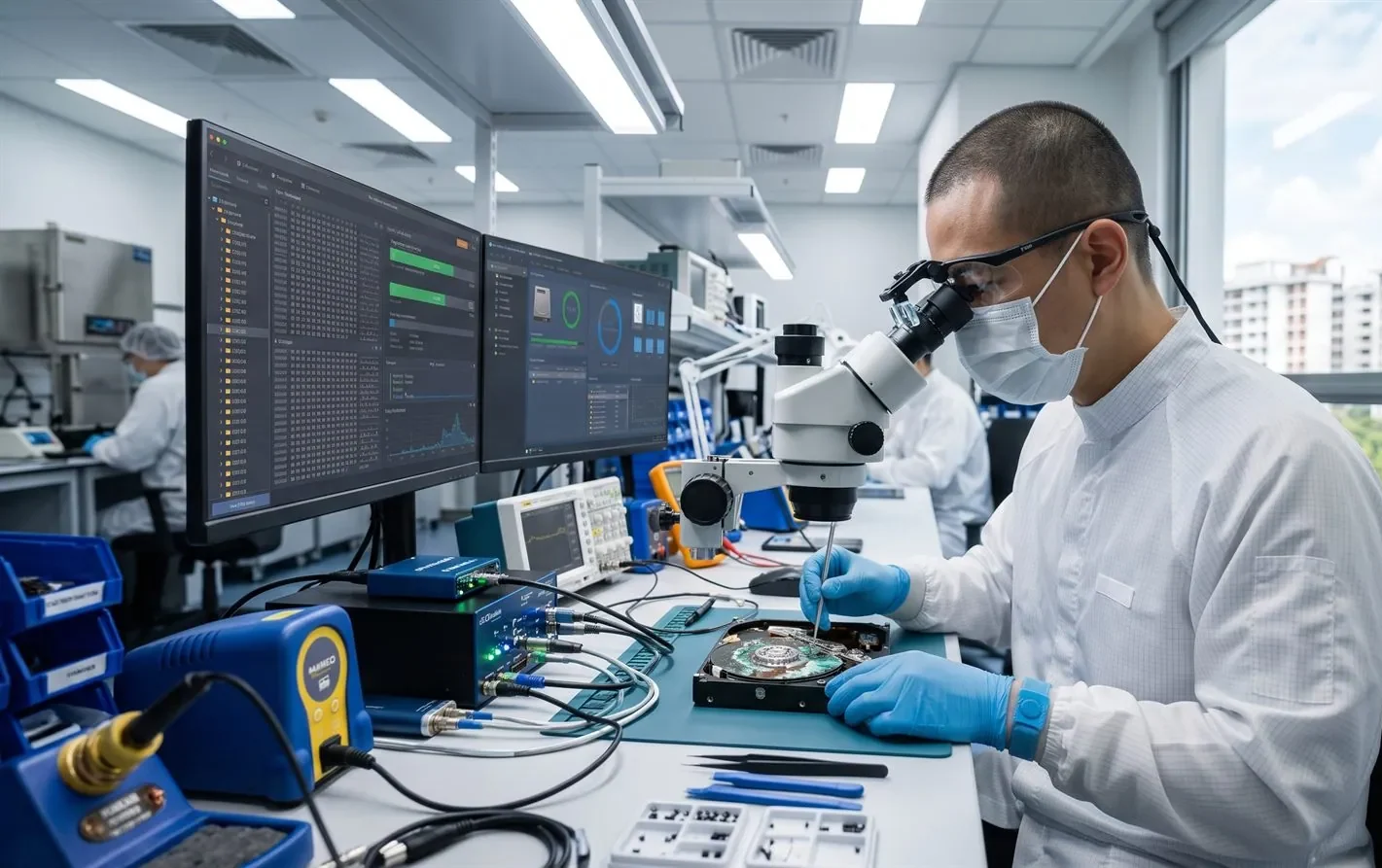 A data recovery engineer examining a water-damaged drive in a lab