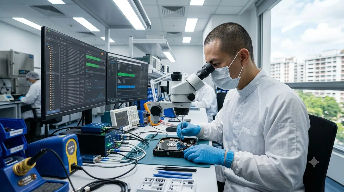 A data recovery engineer working on a hard drive in a cleanroom lab