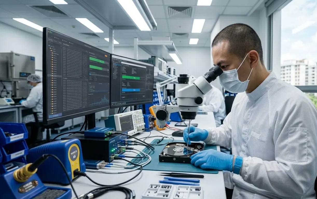 A data recovery engineer working on a hard drive in a cleanroom lab