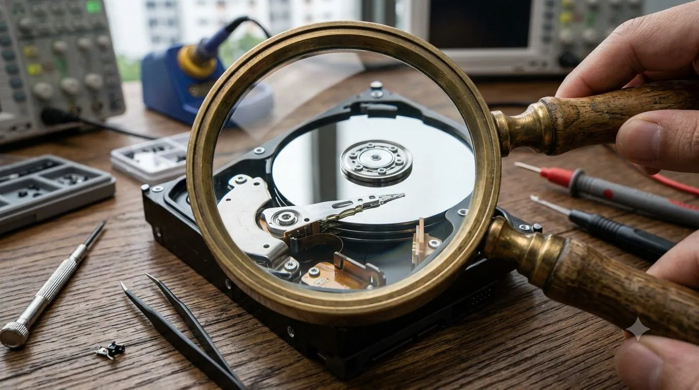 A hard drive on a desk with a magnifying glass, representing separating fact from fiction