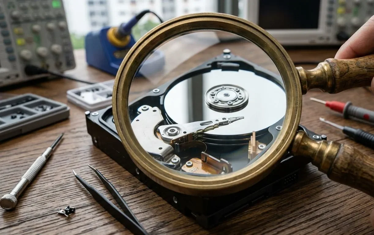 A hard drive on a desk with a magnifying glass, representing separating fact from fiction